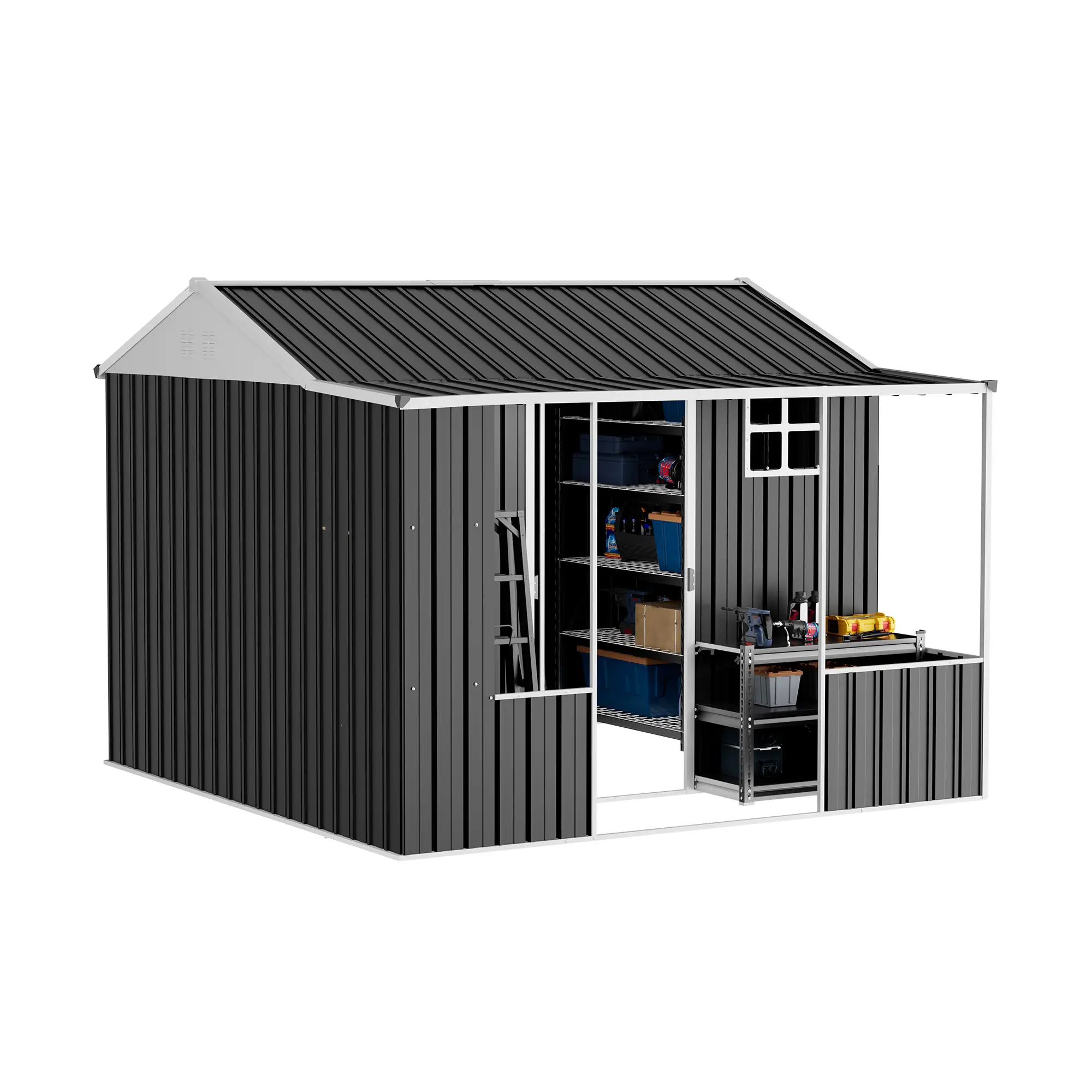 10×10FT Metal Storage Shed Outdoor Tool Shed Dual Zone Garden Shed with Work Area Reinforced Frame Gable Roof Backyard Storage House