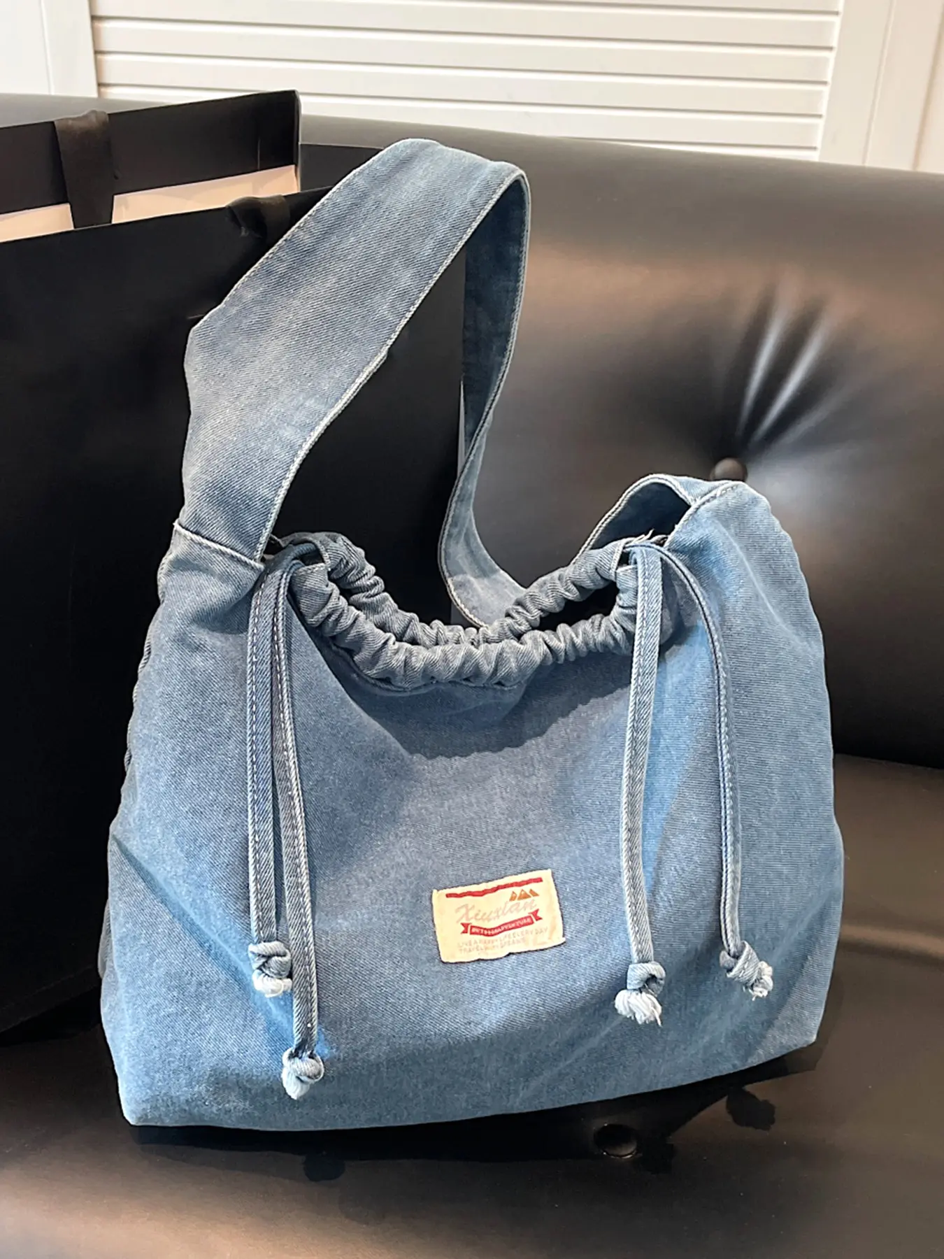 Small fresh denim retro drawstring cloud bag, one-shoulder underarm bag, Casual fashion bag, daily street all-match style, suitable for students, shopping, Casual crossbody bag, trendy purses, Denim Shoulder Purse