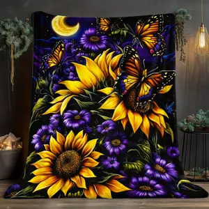 Sunflowers and butterflies Blanket-Lightweight Flannel Home Furnishings Bedding Blanket Suitable for Sofas Beds Travel Camping Living Rooms Offices Sofas Chairs and Beds-Soft and Warm Flannel Fabric Digital Printed Blanket