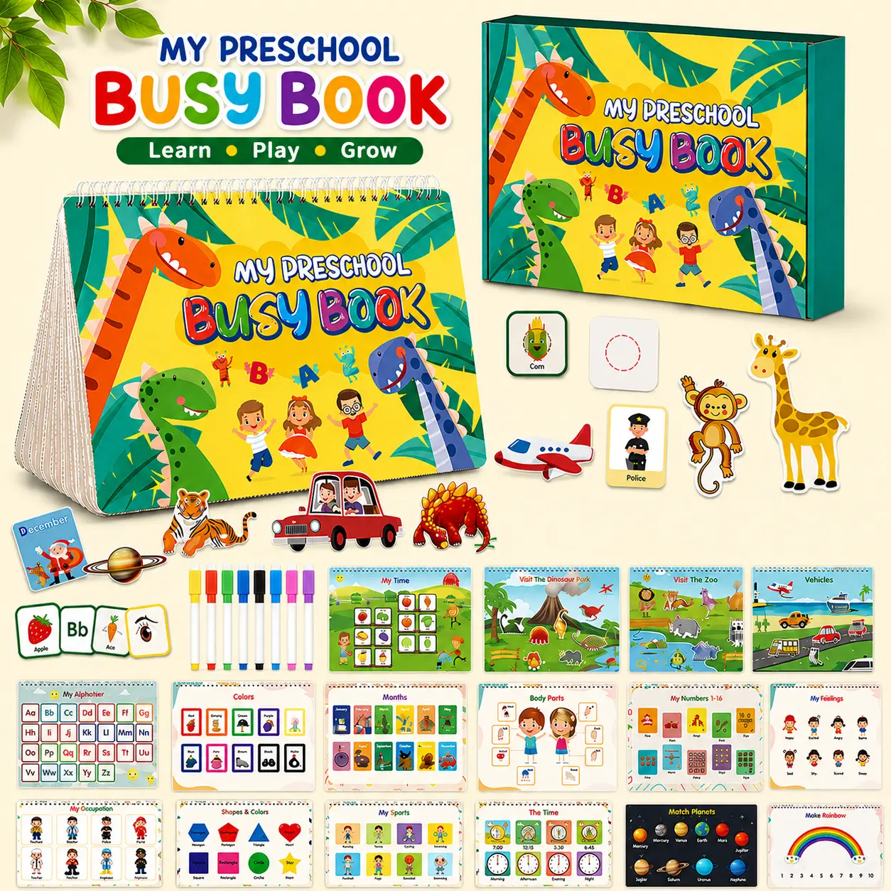 Toddler Busy Paper Book - 32-Themed Montessori Preschool Visual Learning Tools, Reusable DIY Stickers, Dotted Notebook, Tweezers, Transparent Markers, Travel Arts & Crafts Supplies