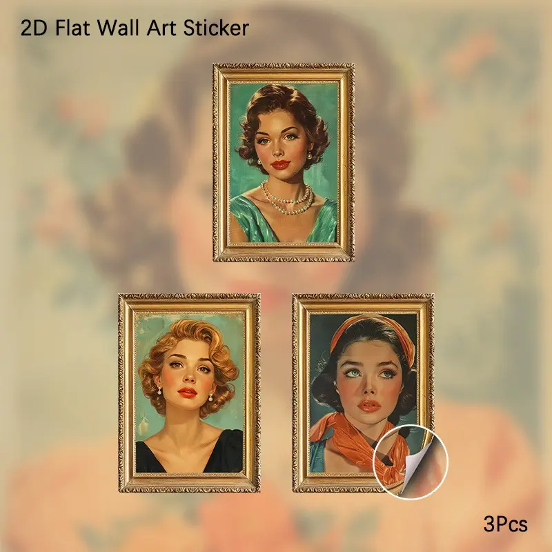 2D Flat Wall Art, 3Pcs PVC Self-Adhesive Framed Wallpaper Sticker, Vintage Hollywood Pin-up Girl Portrait Wall Decals, Aesthetic Retro Woman Art Wall Decor for Living Room, Bedroom, Vanity, Perfect Gift for Art Lovers, Retro Style Fans