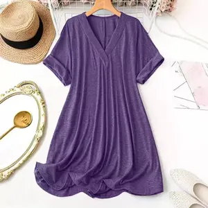 Plus Size - Plus Size - New Western-Style Solid Short Sleeve V-Neck Dresses