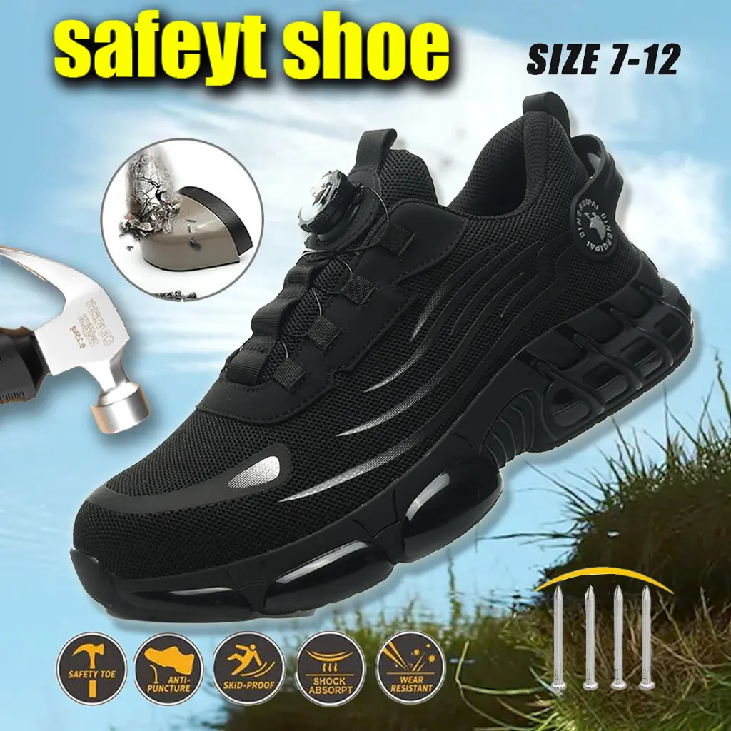 Men's Composite Toe Work Safety Shoe - Breathable Mesh, Anti-Slip, Striped Lace-Up, EVA Sole Casual Footwear, Chic, Fabric, Round Toe, Cloth, Elastic Band, Slip On, Metatarsal Guard