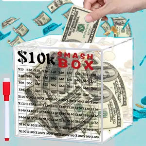 10K Savings Challenge Box, Adult Transparent Acrylic Piggy Bank, Pry-Open Cash Safe, Cash and Coin Collection Box, Cash Coin Jar