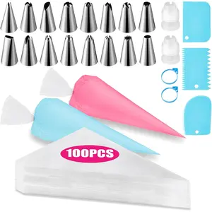 Piping Bags and Tips Set, Cake Decorating Supplies Kit with 100pcs 12 Inch Pastry Bags, 16 Piping Tips, 3 Cake Scrapers, 2 Couplers, 2 Bag Ties, Simple and Convenient Baking Supplies Set