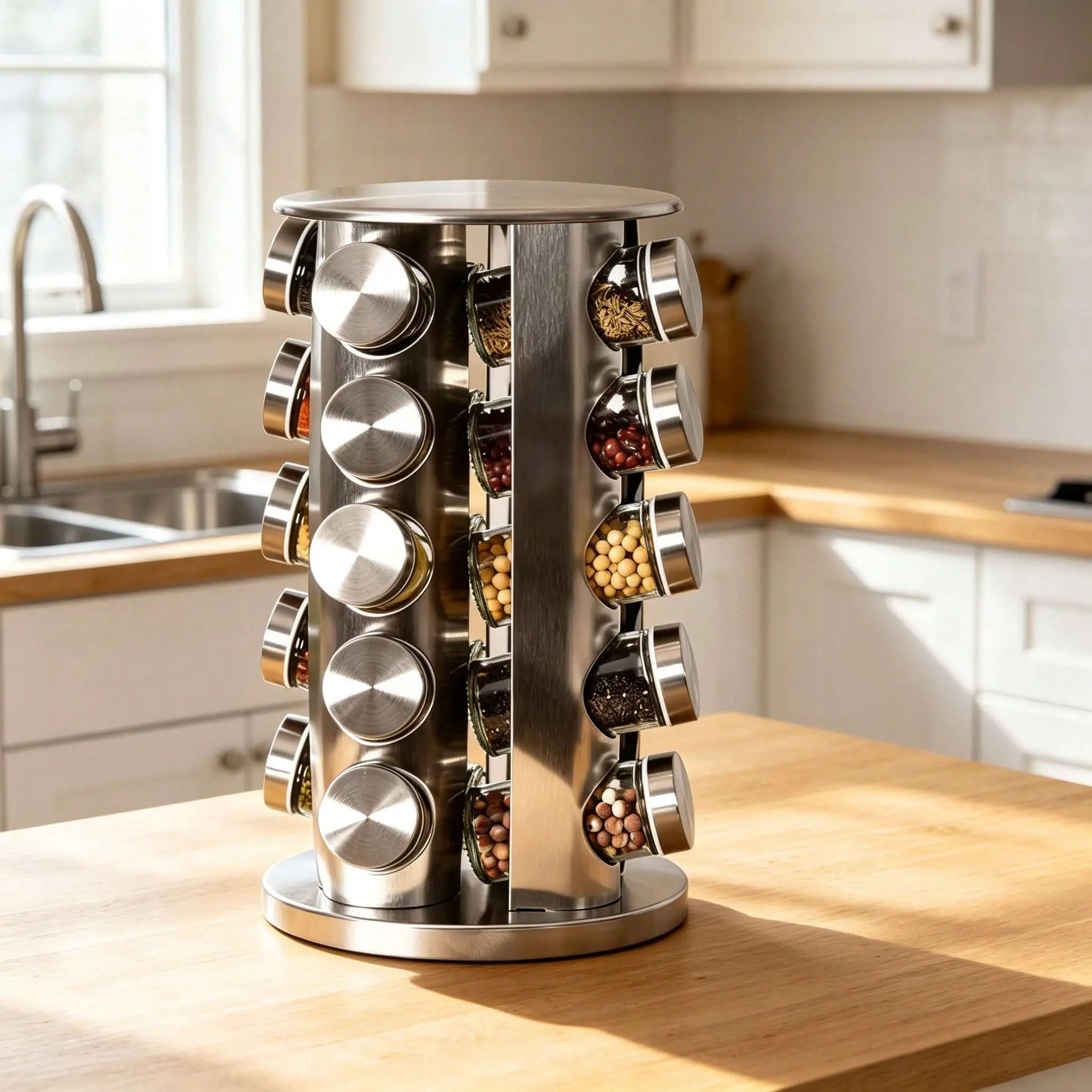 Stainless Steel 360° Rotating Spice Rack Set, 20 Refillable Jars with Airtight Metal Lids, Compact Tower Vertical Stack Kitchen Org Spice Storage with Non-Slip Base for Countertop Space-Saving Organization