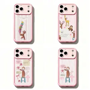 TY-Pink Striped Curious Georgeee Phone Case,Cute Cartoon Monkey Phone Case,Cute Monkey Print with Inspirational Quotes & Floral Details Protective Cover For iPhone 11 12 MINI 13 MINI 14 15 16 17 Air Pro Max for Samsung S26 S25 S24 S23 S22 S21 Case