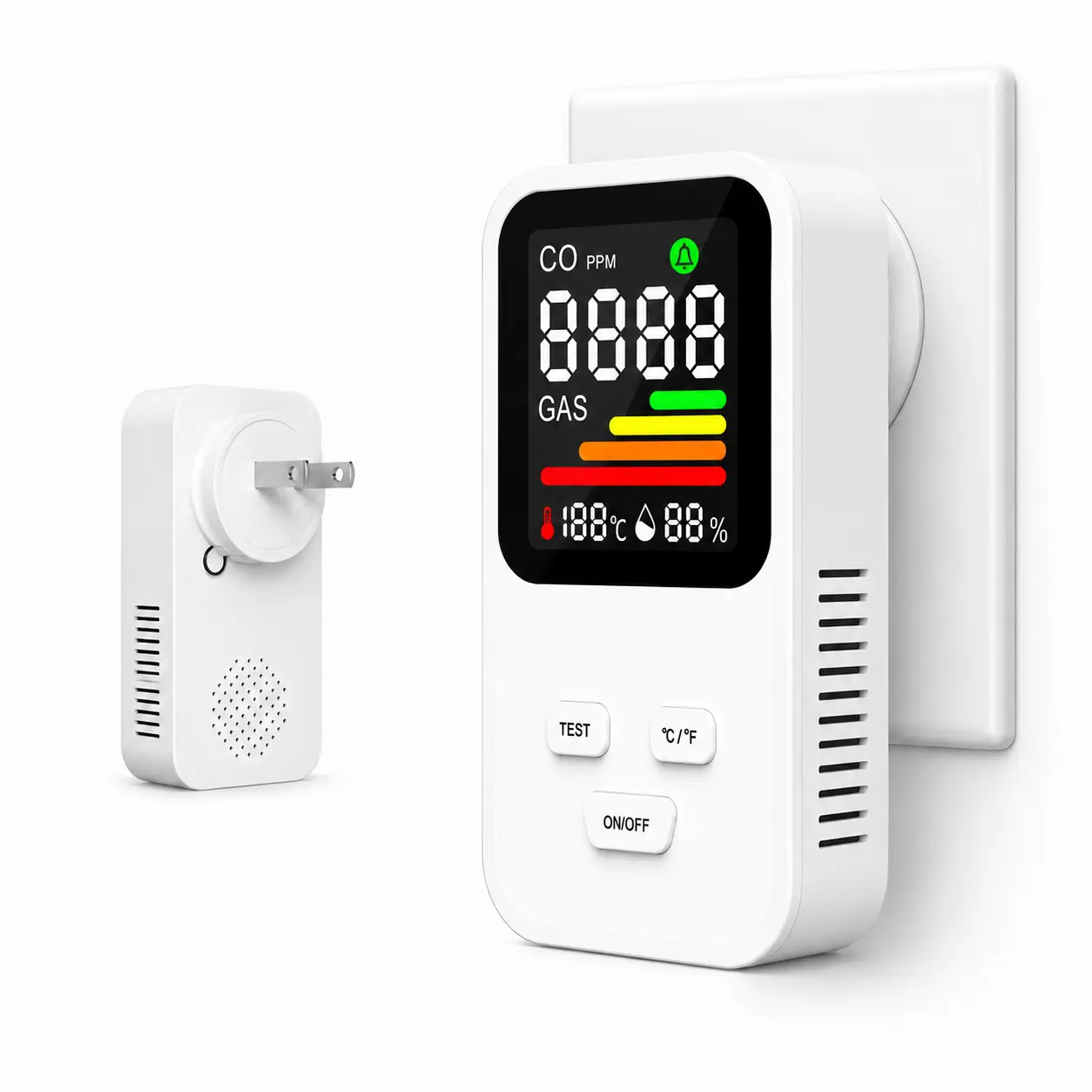 Portable 4-in-1 Air Monitor DM340A, Real-Time Home Security Detector for C.O, Natural Gas, Temperature & Humidity, Flammable Gas Leak Sensor, HD Color Display, Audible & Visual Alarm for Indoor Home, Bedroom, Kitchen, Garage Safety