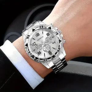 Luxury men’s quartz wristwatch with stainless steel strap and round alloy case; large dial business watch | Fashionable design | Durable, suitable for gifting