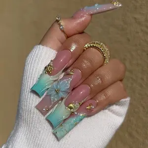 S113 Ocean Breeze Floral Press-On Nails, 3D Blue Blossom, Aqua-Pink Gradient, Summer Style, Luxe Handcrafted Set, Perfect for Vacay Glam, Gift for Her