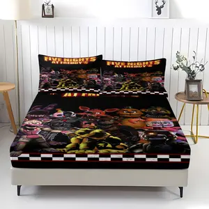 3-Piece Five Nights At Freddy's Pattern Fitted Sheet Set, Soft And Durable Bedding Set Includes 1 Flat Sheet And 2 Pillowcases, Everyday Holiday Birthday Gift Bedroom Decor For Kids And Adults