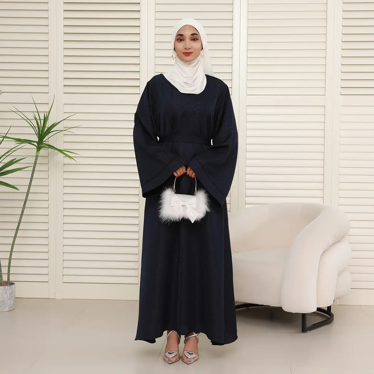 Elegant 3D Jacquard Brocade Belted Maxi Dress Abaya– Luxury Satin Gown for Formal Occasions(NCA019)