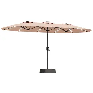 15FT Double Sided Patio Umbrella With Solar LED Lights Extra Large Market Umbrella With Base And Sandbag Included Waterproof Windproof Twin Canopy For Large Poolside And Garden