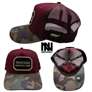 TN Mountain Wear by 615Nash Headwear Maroon Red Snapback Hat with Camo Bill & Mesh Back Adjustable Fit Unisex Tennessee Patch
