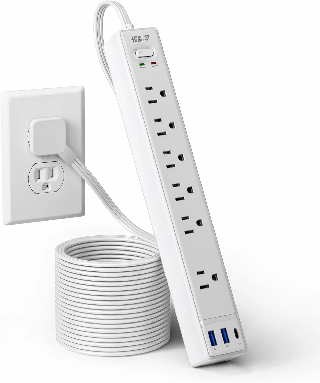 10Ft Extension Cord with Multiple Outlets, SUPERDANNY Flat Plug Surge Protector Power Strip 10 Ft Long Cord, 6 Outlets & 3 USB Ports, Charging Station for Home Office, College Dorm Room