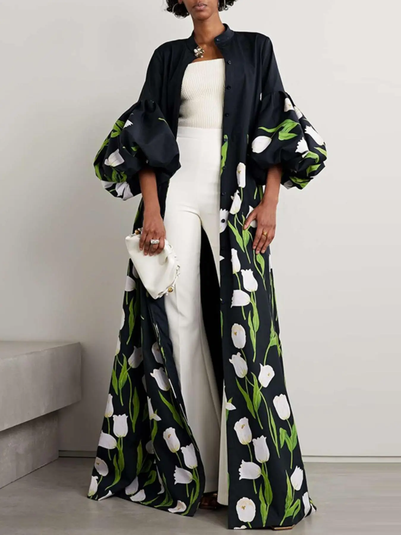 Women's Floral Print Puff Sleeve Button Front Oversized Loose Baggy Trench Coat, Casual 3/4 Sleeve Round Neck Outerwear for Daily Wear, Ladies Clothes Womenswear for All Seasons, Winter Coats Women