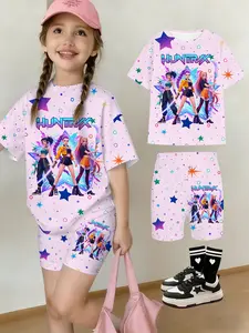 Girls Kpop Korean Style Summer Fashion Comfortable Short Sleeve + Yoga Shorts Set, Cartoon Anime Print, Casual Daily Wear Outdoor, Casual Outfit Set