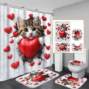 1/3/4PCS Valentines Day Shower Curtain set, Romantic Hearts and Kitten Bathroom Decor, Accessories with Bath Mat, U-shaped Mat, Toilet Lid Cover, 12 Hooks 180x180cm Curtain, Love Theme, Home Decor, bathroom accessories.