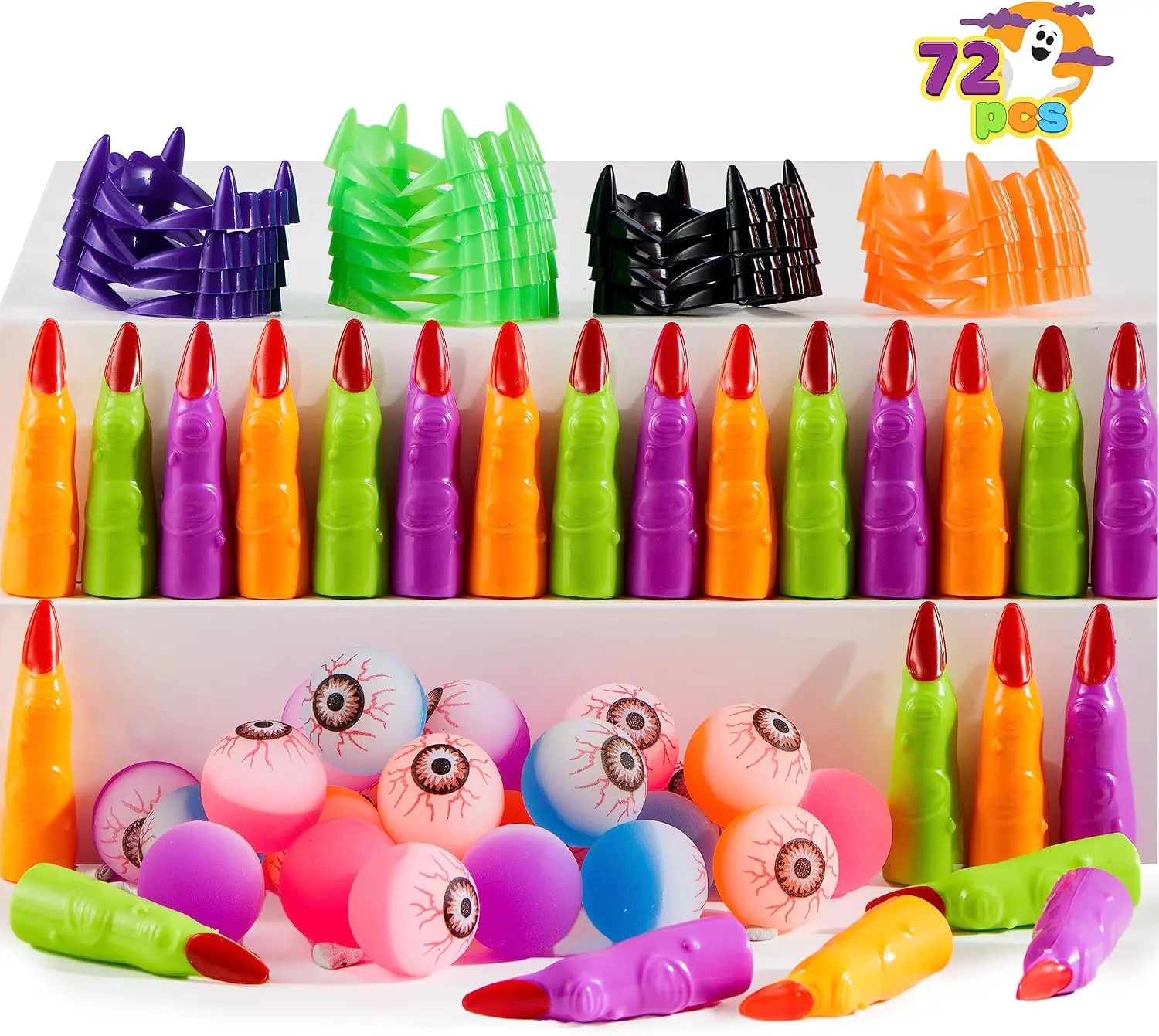 Halloween Fall Gift 72 PCS Halloween Party Favors Game Toy Gifts-Scary Eyeballs, Witch Fingers and Teeth Set for Kids Child Trick or Treat Party Supplies, Gift Exchange, Halloween Carnival Game Prizes