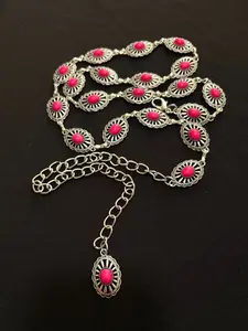 Southwestern Pink Stone Floral Concho Chain Belt - 006