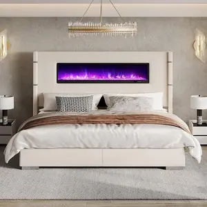 [Memorialday]【Ships in 2 Boxes】AMERLIFE Modern Bed Frame with Fireplace, Wingback Platform Bed with 60.4“ Extra Tall Headboard, Corduroy Upholstered Bed Wooden Slats,Best Gift Ideas/Christmas Gifts