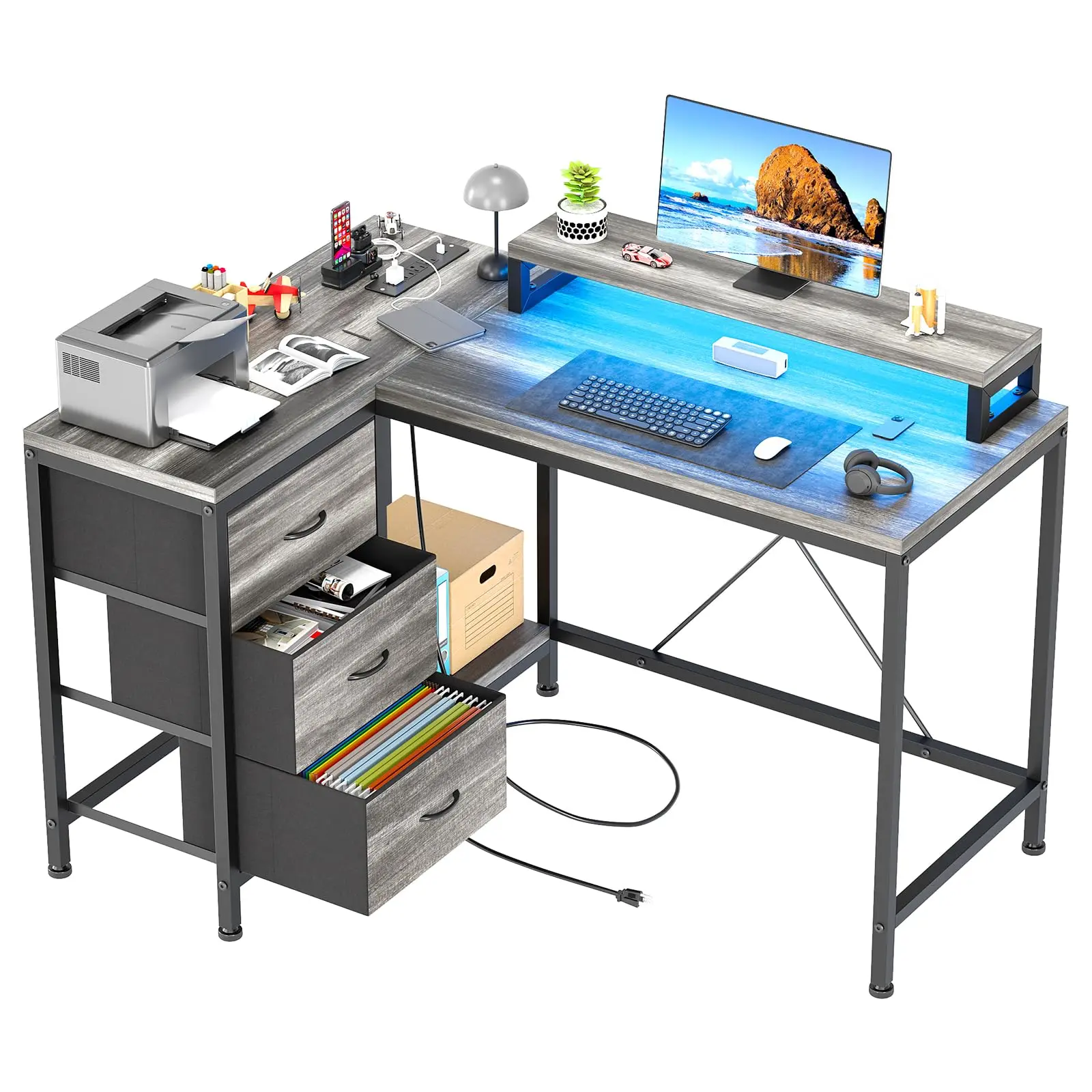 【GARVEE】L Shaped Desk with Power Outlets & LED Lights, Computer Desk with Drawers & Shelves, Corner Desk Gaming Desk Home Office Desk, Oak