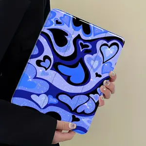 Y2K Psychedelic Heart Print iPad Case, Tablet Accessories, Blue Glitter Aesthetic Protective Cover Auto Wake/sleep, Protection, Anti-Drop Scratch-Resistant, Transparent Acrylic Back, Fits iPad 7.9/8.3/10.2/10.5/10.9/11/12.9 13 inch, Shock-resistant Casing