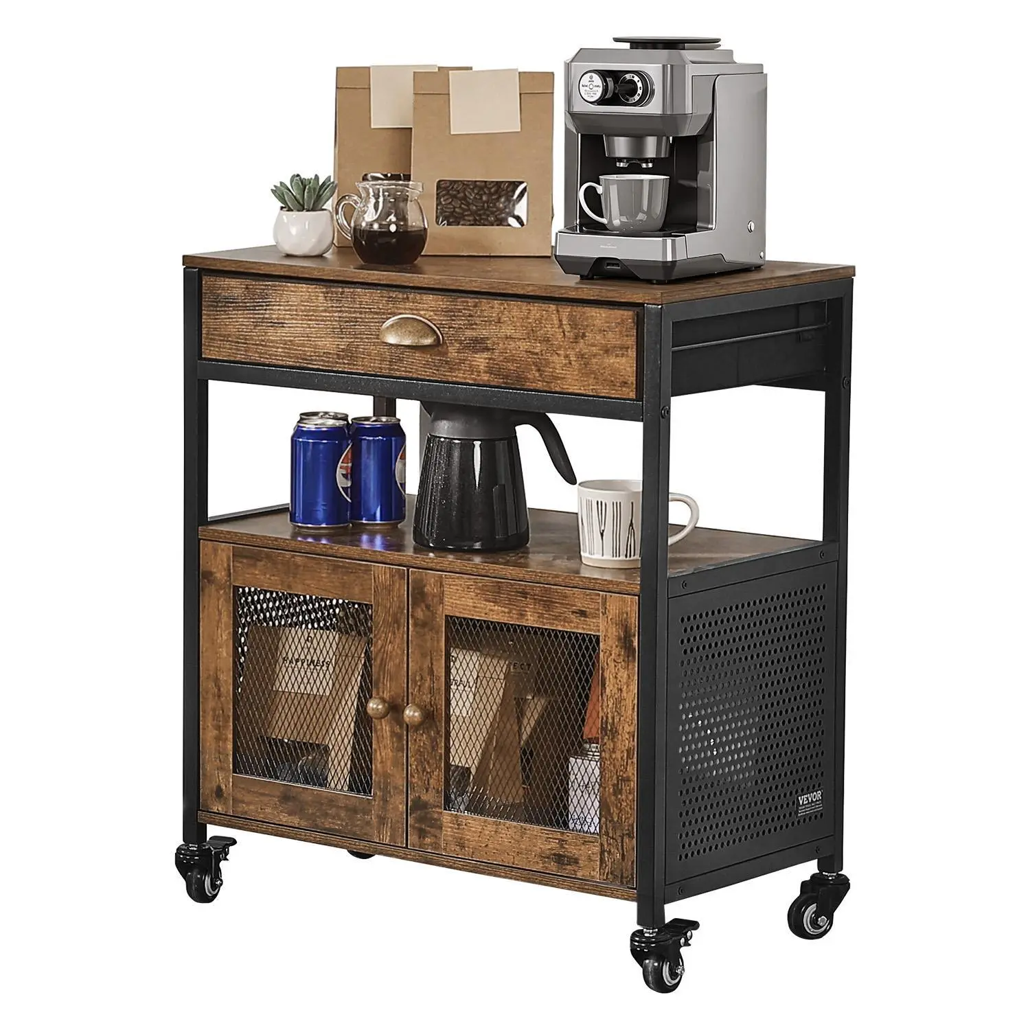 VEVOR 4-Tier Movable Farmhouse Style Wood Coffee Station Cabinet, Multi Layer Bar Cabinet with Wheels, Mesh Door, 110 lbs Capacity, Assembly Required, Easy Setup & Use, Multi Layer Cabinet#BacktoSchool