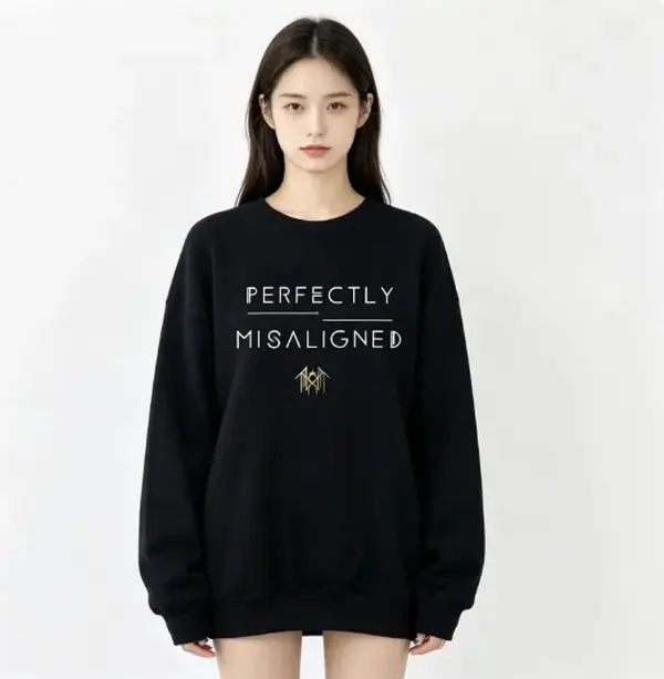 Perfectly Misaligned Graphic Sweatshirt Black Crewneck Abstract Quote Pullover Alternative Streetwear Casual Unisex Long Sleeve Cozy Everyday Wear Music Lover Gift for Women Men
