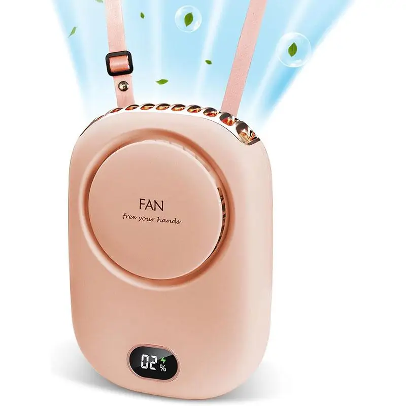 Portable Neck Hanging Fan, Mini Neck Fan with Lanyard & Bracket, USB Rechargeable Handheld Fan with Power Display, Leafless Personal Fan