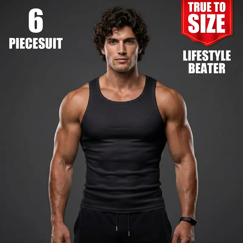 Men’s Basic Casual Tight Cooling Scoop Neck Athleisure Vests (3-Pack/6-Pack) - Elastane Fitted Shapewear, Machine Washable Muscle Singlet, Athletic Tops, Sleeveless Gym Top for Fitness Training, Standard Sizing