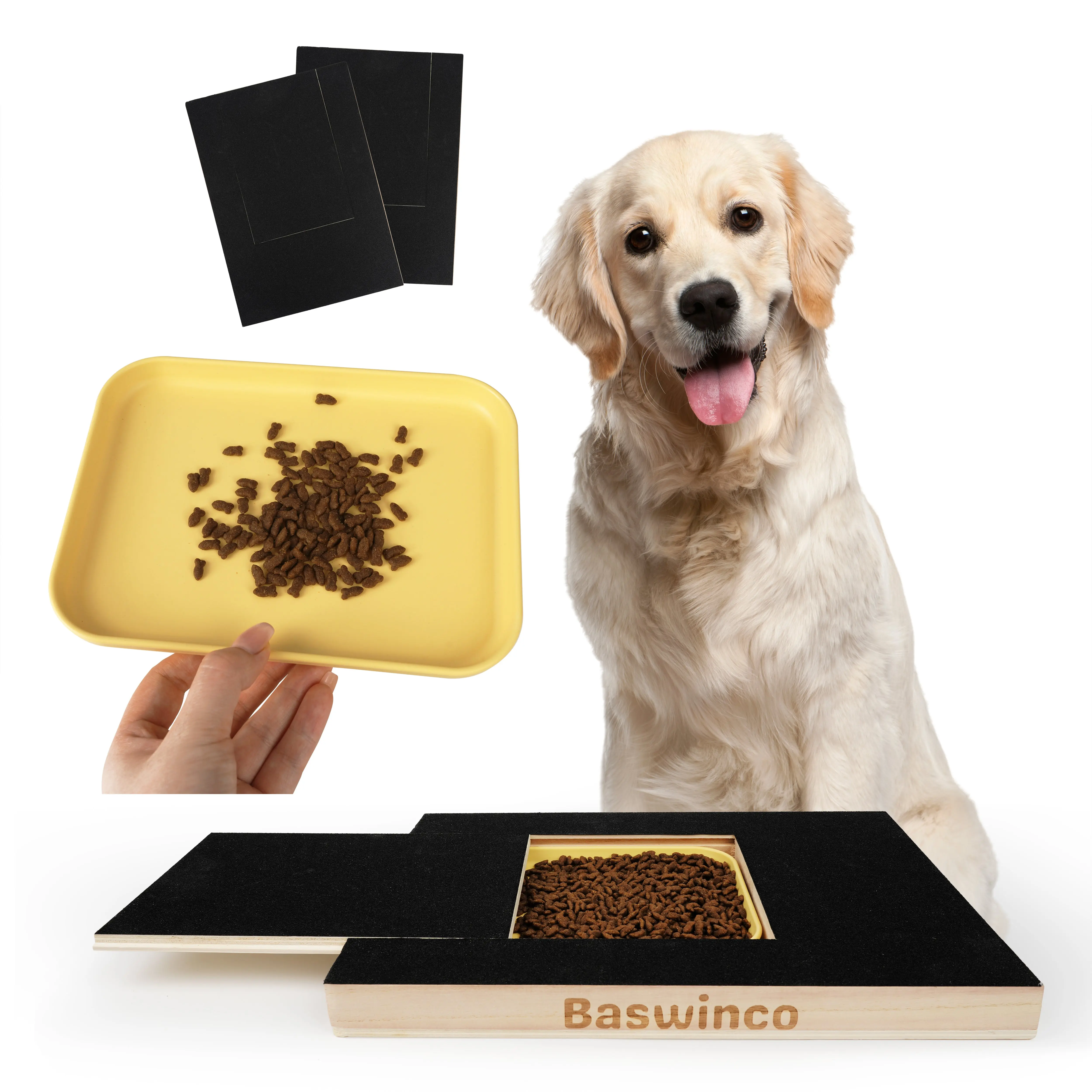 Wood Dog Nail Grooming Scratch Pad with Sandpaper, Adhesive & Replaceable Sandpaper Pads - 13.7in x 9.8in x 1.3in Durable Pet Claw Care Supply, Removable Treat Tray, Easy-to-Use for Dogs