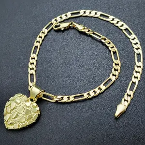 MaxBling81 14K Gold Plated Brass Golden Nugget Heart Shaped Pendant & 4mm Figaro Necklace (20", 24") - Unisex Jewelry for Daily, Birthday Occasions