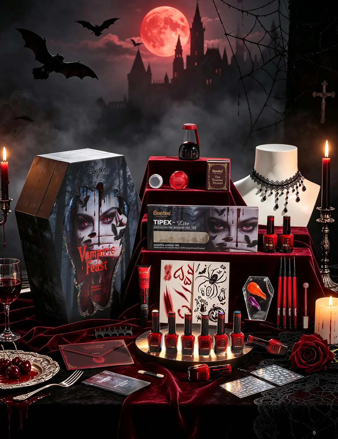 Beetles Vampiric Feast Halloween Beauty Gift Box, Limited Edition Hema-Free Gel Polish Collection with Tipex Lite Nail Tips, UV Lamp & Nail Art Essentials