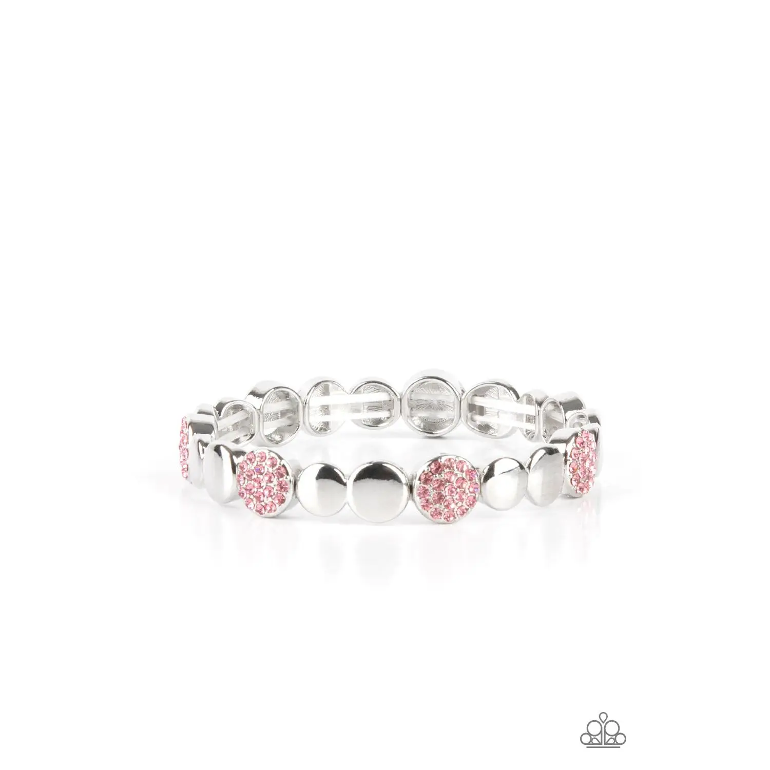 Pink Dimensional Dazzle Bracelet D066, Fashion Costume Jewelry, Stretch Band with Silver Disc Accents, Joined Pairs of Silver Discs & Rhinestones Glittery Pink Rhinestone Encrusted Frames