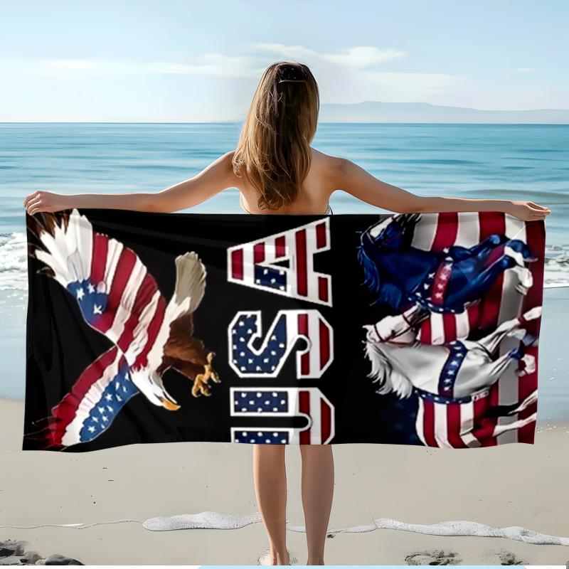 Patriotic USA Horse & Eagle Summer Beach Towel, 4th of July American Flag Towel for women Men