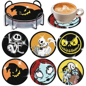 6-Piece DIY Diamond Painting Coaster Kit, Halloween Festive 5D Diamond Art Kit, includes storage rack, cork mat, and tool bag, suitable for adults.