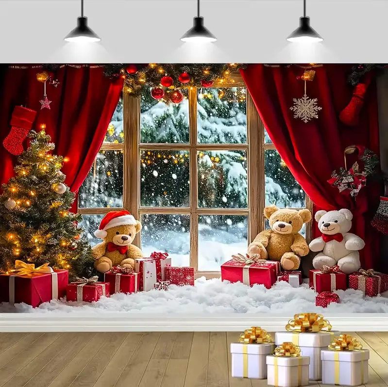 Christmas and New Year Nylon Tapestry Backdrop - Winter Snowscape Style1 Design with Christmas Tree, Window, Bear, Polyester Party Decor, Suitable for Weddings, Holidays, Home Decor