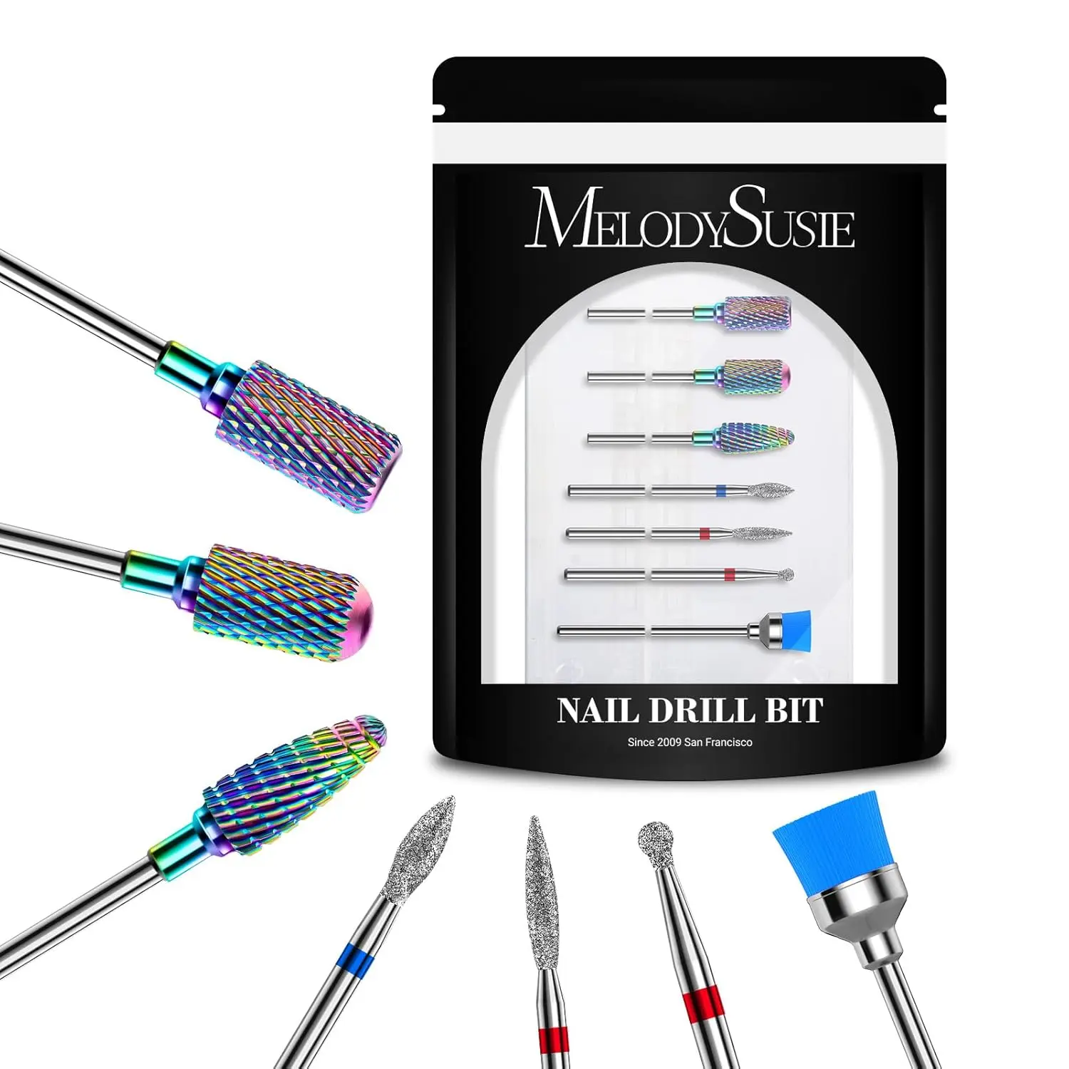 MelodySusie 7Pcs Nail Drill Bits Tungsten Carbide Diamond Set | 3/32''for Nail Drill Efile,Two-Way Rotation,Acrylic Nails Poly Gel Cuticle Remove,Manicure Pedicure Tools