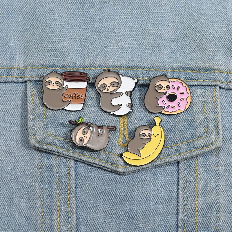 Cute Sloth Brooch Set (5-Piece), Cartoon Enamel Lapel Pins with Banana & Donut Designs for Jackets, Bags, Versatile Fashion Accessory, Charms