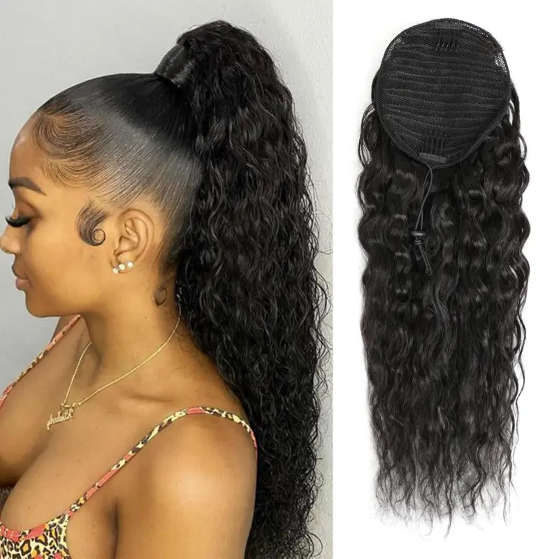 Water Wave Drawstring Ponytail, 100% Human Hair Extension for Black Women, 14 Inch Adjustable Clip-in Hair Piece, 1B Natural Black, Adjustable Human Hair Extensions & Pieces