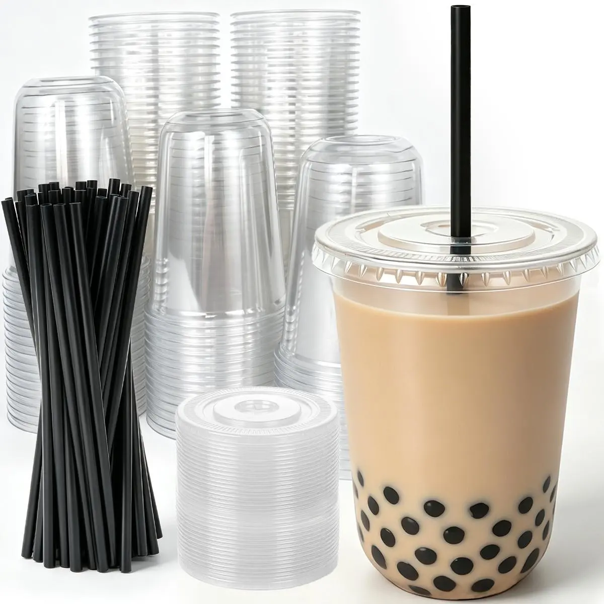 100 Pack 16oz Heavy-Duty Disposable Boba Tea Cold Drink Cups with Lids & Straws, Food-Grade Thick Clear PET Plastic Takeaway Cups for Café, Commercial Use