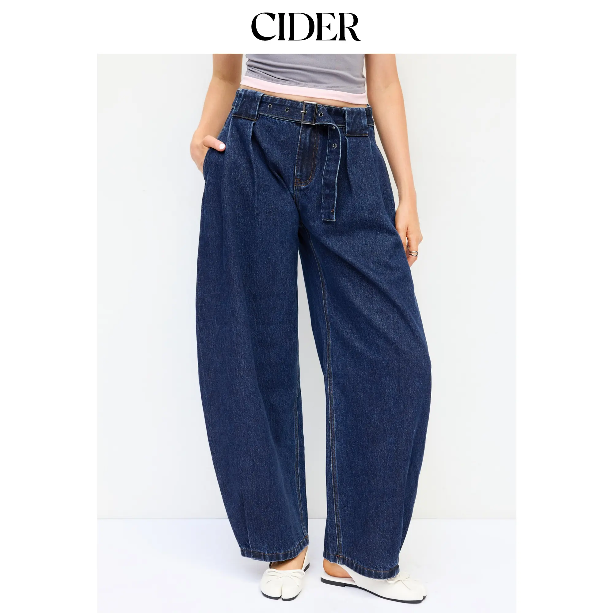 Cider Denim Mid Rise Washed Barrel-leg Belted Jeans