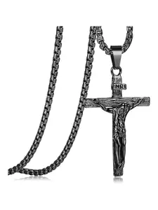 1 Pc Black Classic Cross Stainless Steel Necklace for Men Women Unique Jesus Crucifix Cross Pendant with Venetian Chain Religious Jewelry Gift