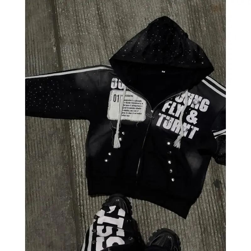 clothing piecesGothic Punk Hip Hop Washed Hoodie Y2k Retro Klein Stone Stripe Embroidery Zip Up Hoodies Rock Harajuku Men Women Streetwear funny saying shirt