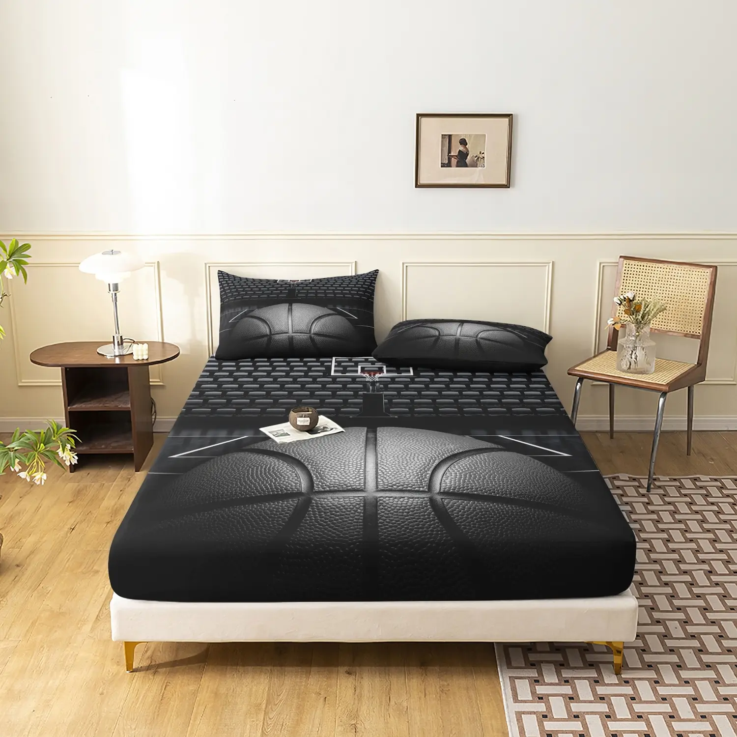 3Pcs 3D Printed Basketball Court Fitted Sheet Set, Soft Breathable Sheet, Sports Themed Bed Sheets with Pillowcases, Basketball Themed Bed Linens, Cool Bedding for Teen Boys & Basketball Lovers, Bedsheet Sets, Bedsheets Set
