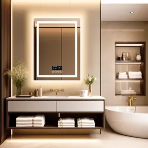 Square Lighted Bathroom Mirror with Bluetooth Speaker, Front-lit, Backlit - Perfect for Your Bathroom