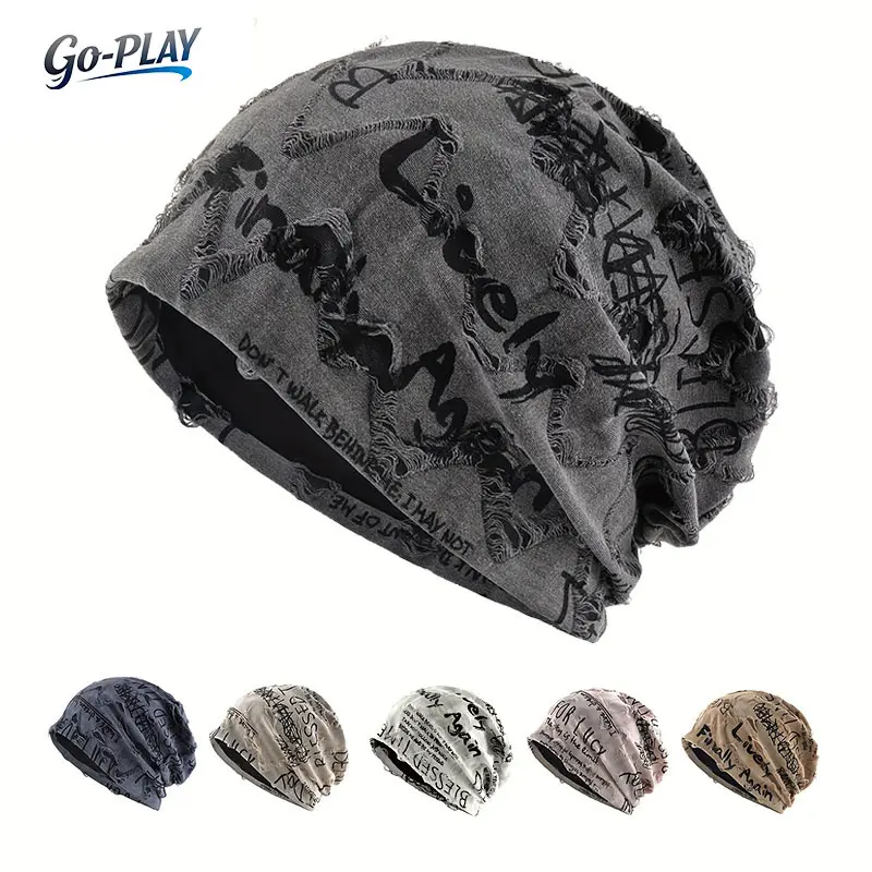 2pcs-Y2K Grunge Distressed Slouchy Beanie For Men Women, Lightweight Ripped Letter Print Knit Hat, Vintage Loose Fit Spring Autumn Cap For Daily Wear Street Style Gorras Para Hombres