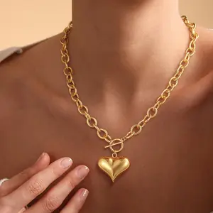 Tewiky Best Gift For Mother' s Day Jewelry Chunky Gold Necklace for Women-Statement Chunky Heart Pendant Necklace, Non Tarnish Stainless Steel Statement Charm Cuban Chain Necklaces, Trendy Jewelry  Birthday Gift for Her,Valentine's Day Gift