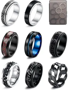 Diverse 8 Pcs Black Spinner Thumb Rings Cool Stainless Steel Spinning Rings for Men Women Cool Chain Black Rings Trendy Band Rings Unique Rings for Casual To Formal Silver Black Rings